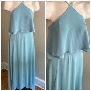 SHE+SKY halter blue layered top side cutout silk blend formal maxi gown